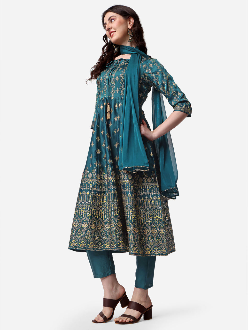 Anarkali Printed Kurta With Pant & Dupatta Set, Multicolor - Hiral Fashion | Grocsy