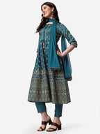 Anarkali Printed Kurta With Pant & Dupatta Set, Multicolor - Hiral Fashion | Grocsy
