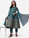 Anarkali Printed Kurta With Pant & Dupatta Set, Multicolor - Hiral Fashion | Grocsy