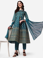 Anarkali Printed Kurta With Pant & Dupatta Set, Multicolor - Hiral Fashion | Grocsy