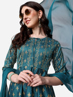 Anarkali Printed Kurta With Pant & Dupatta Set, Multicolor - Hiral Fashion | Grocsy