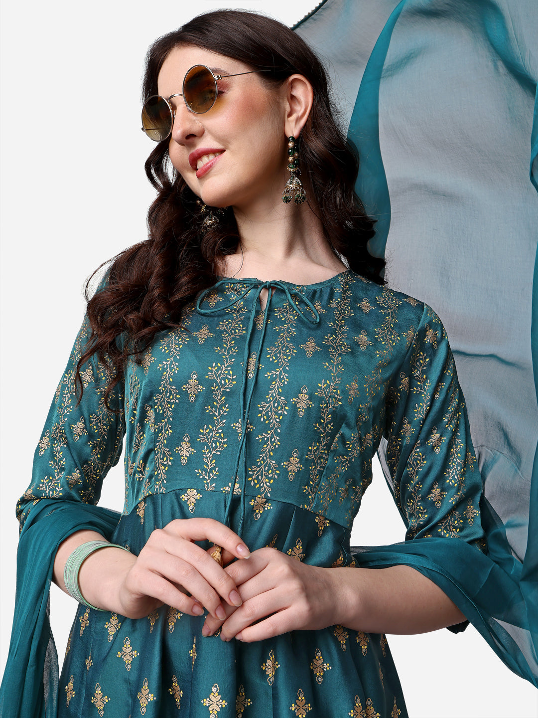 Anarkali Printed Kurta With Pant & Dupatta Set, Multicolor - Hiral Fashion | Grocsy