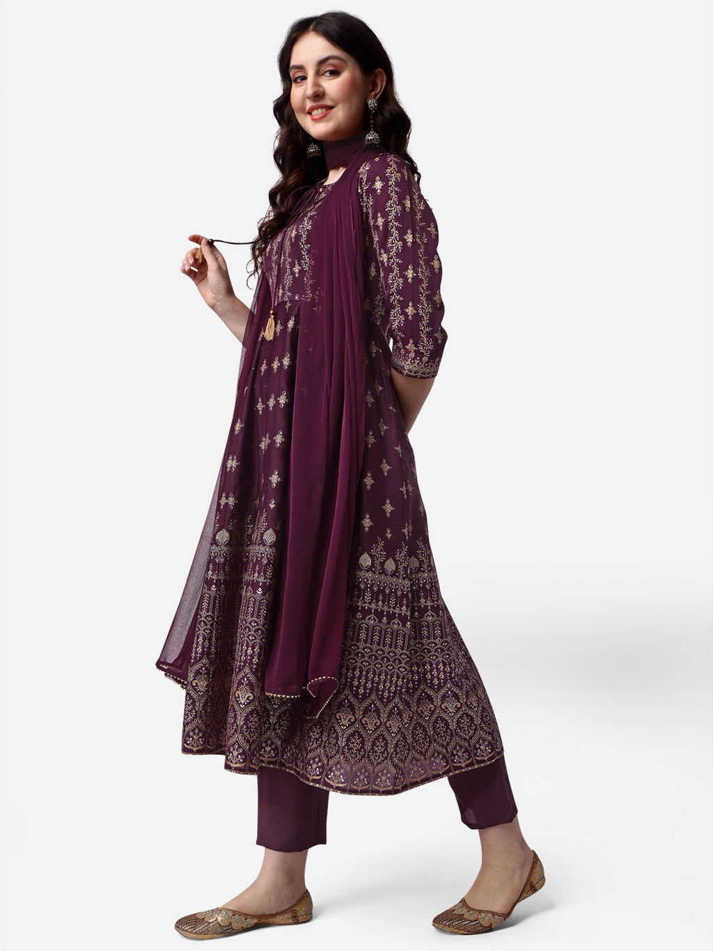 Anarkali Printed Kurta With Pant & Dupatta Set, Multicolor - Hiral Fashion | Grocsy