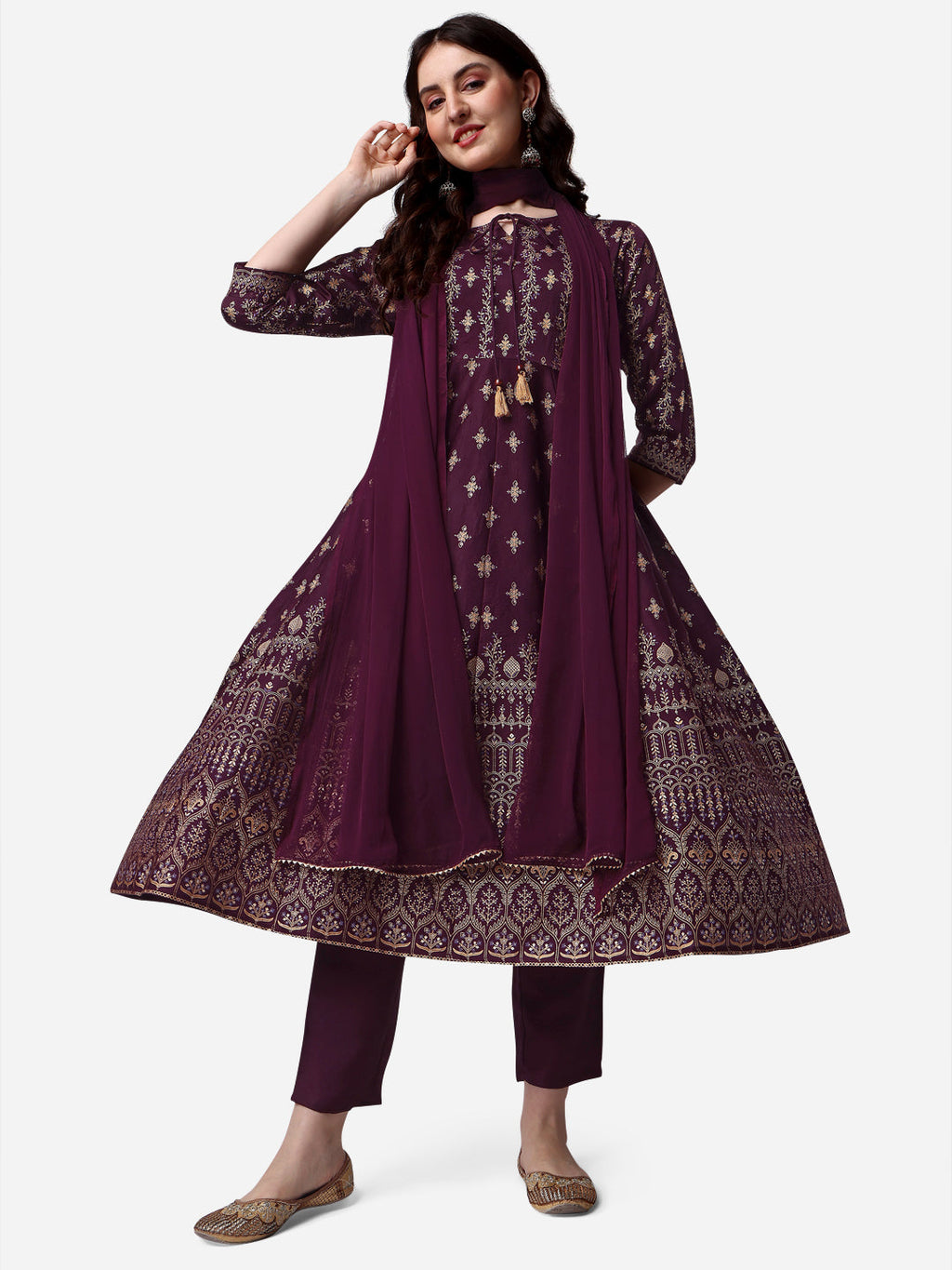 Anarkali Printed Kurta With Pant & Dupatta Set, Multicolor - Hiral Fashion | Grocsy