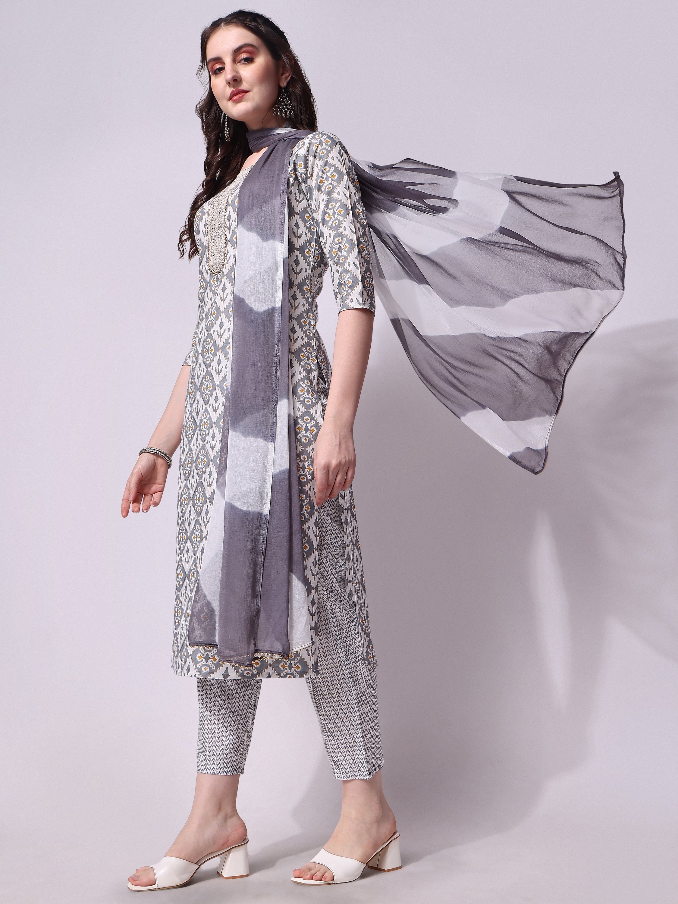 Printed Kurta With Pant & Printed Dupatta Set, Multicolor - Hiral Fashion | Grocsy