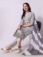 Printed Kurta With Pant & Printed Dupatta Set, Multicolor - Hiral Fashion | Grocsy