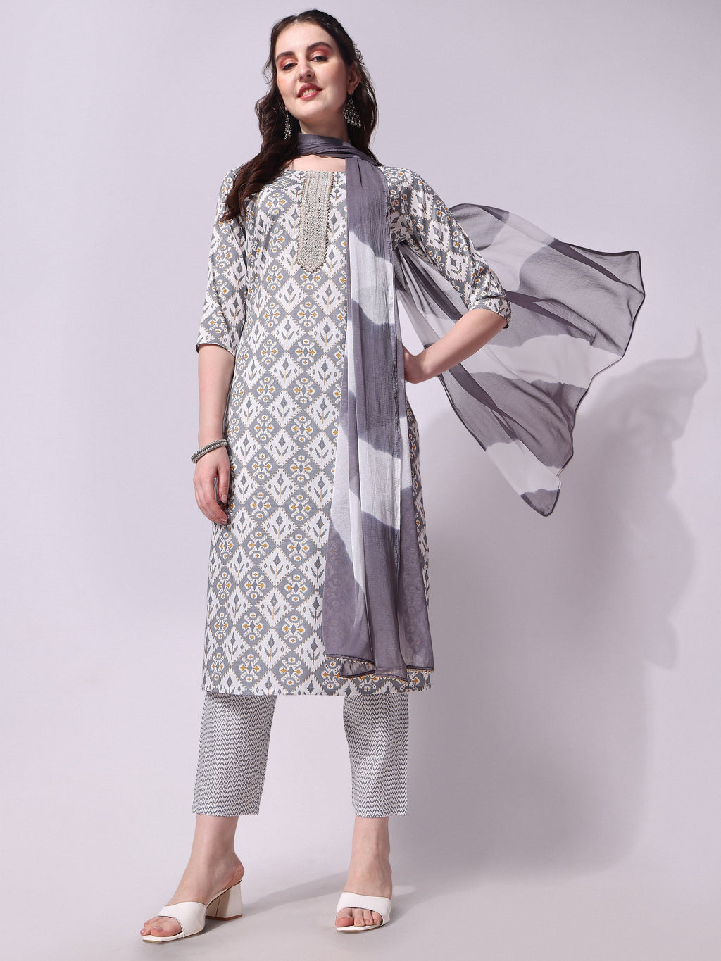 Printed Kurta With Pant & Printed Dupatta Set, Multicolor - Hiral Fashion | Grocsy