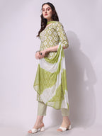 Cotton Green Printed Kurta With Pant & Dupatta Set, Multicolor - Hiral Fashion | Grocsy