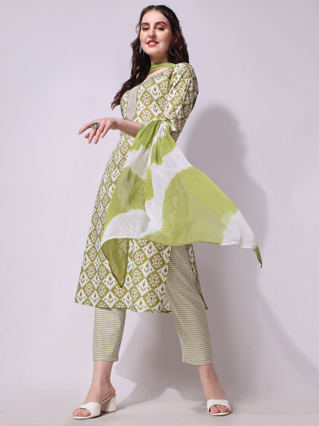 Cotton Green Printed Kurta With Pant & Dupatta Set, Multicolor - Hiral Fashion | Grocsy