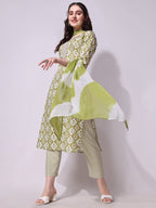 Cotton Green Printed Kurta With Pant & Dupatta Set, Multicolor - Hiral Fashion | Grocsy