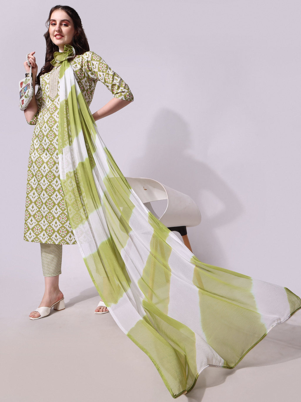 Cotton Green Printed Kurta With Pant & Dupatta Set, Multicolor - Hiral Fashion | Grocsy