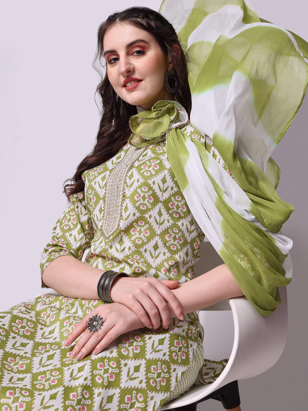 Cotton Green Printed Kurta With Pant & Dupatta Set, Multicolor - Hiral Fashion | Grocsy