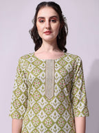 Cotton Green Printed Kurta With Pant & Dupatta Set, Multicolor - Hiral Fashion | Grocsy