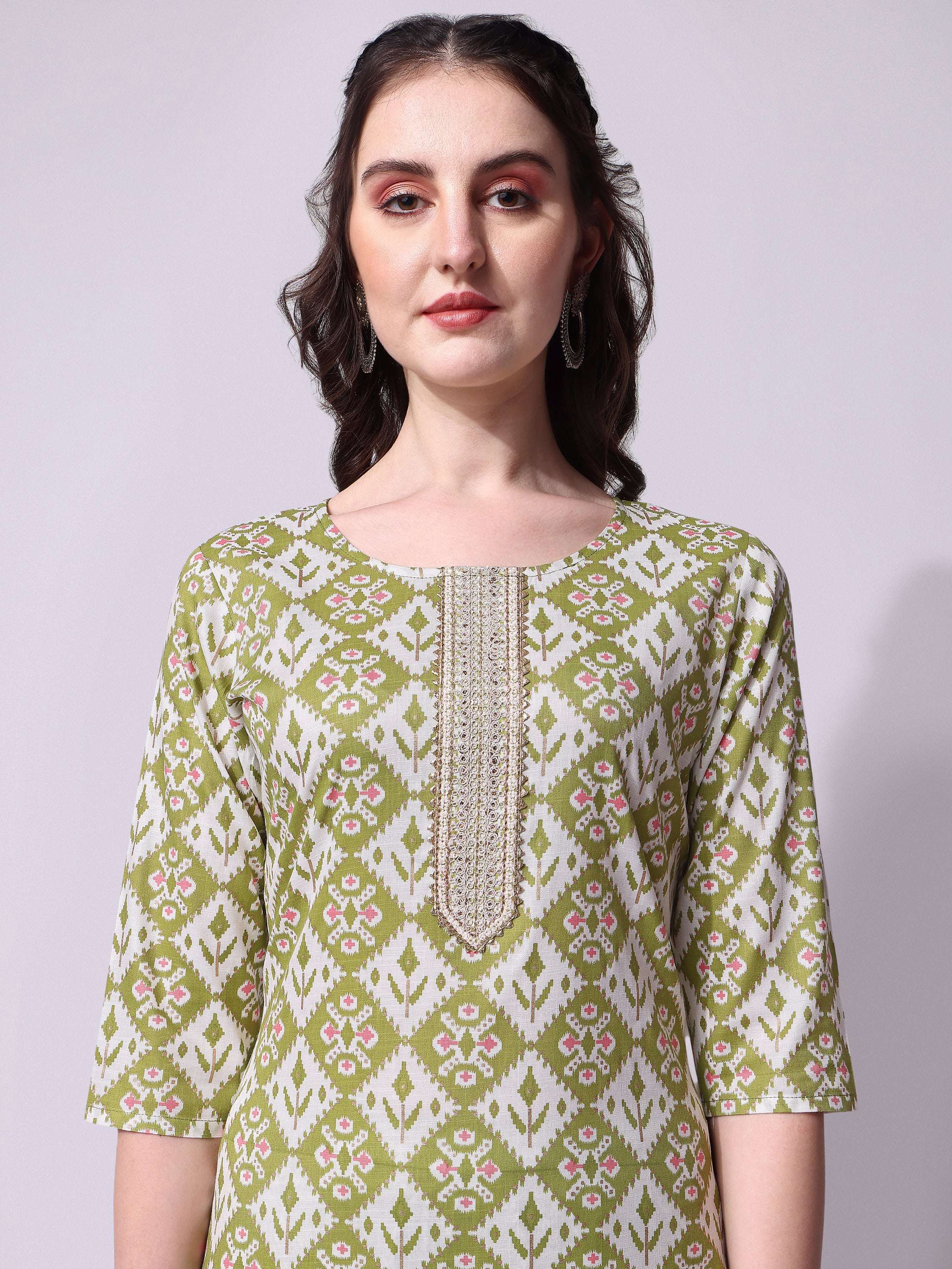 Cotton Green Printed Kurta With Pant & Dupatta Set, Multicolor - Hiral Fashion | Grocsy