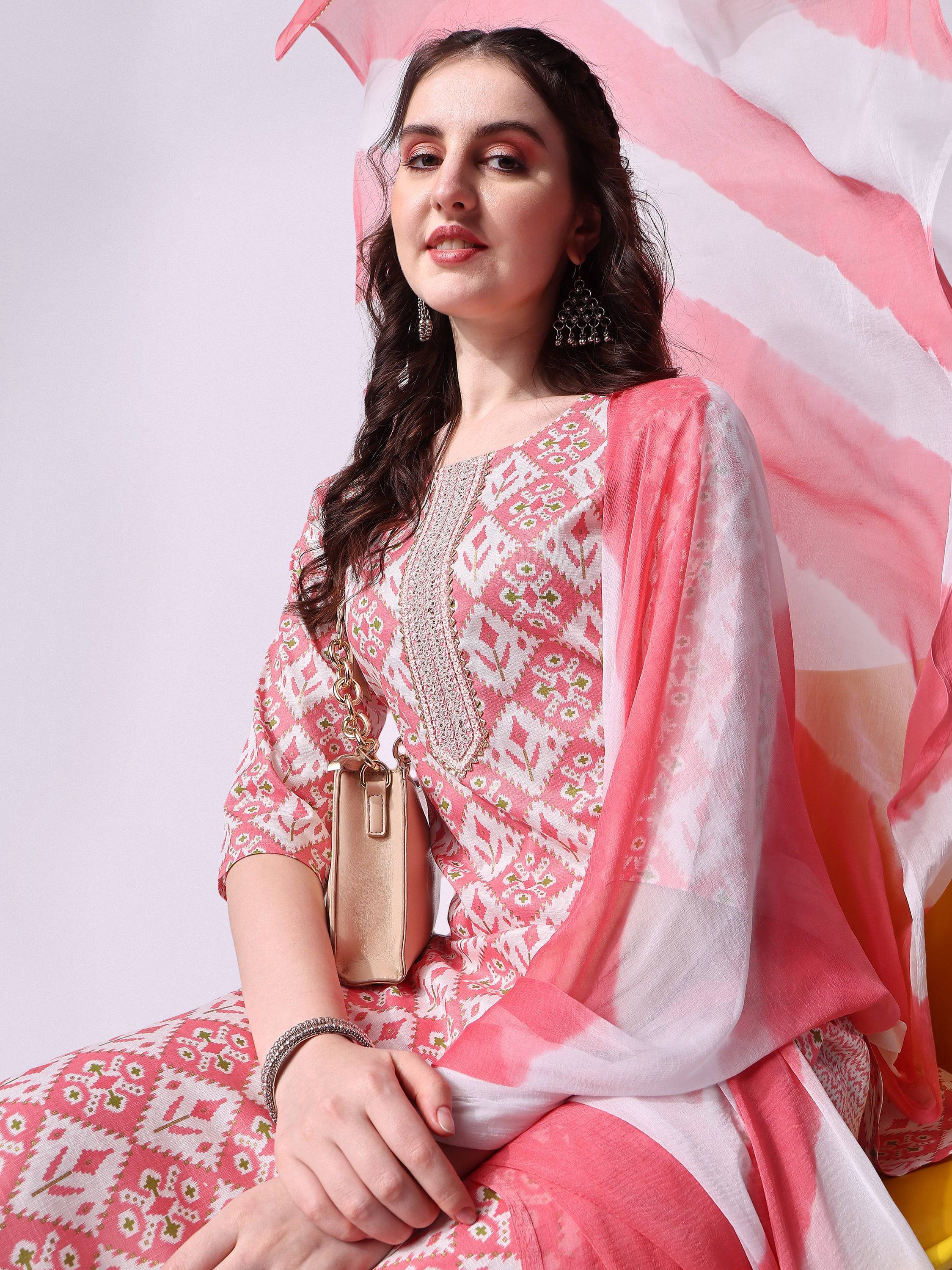 Printed Kurta With Pant & Printed Dupatta Set, Multicolor - Hiral Fashion | Grocsy
