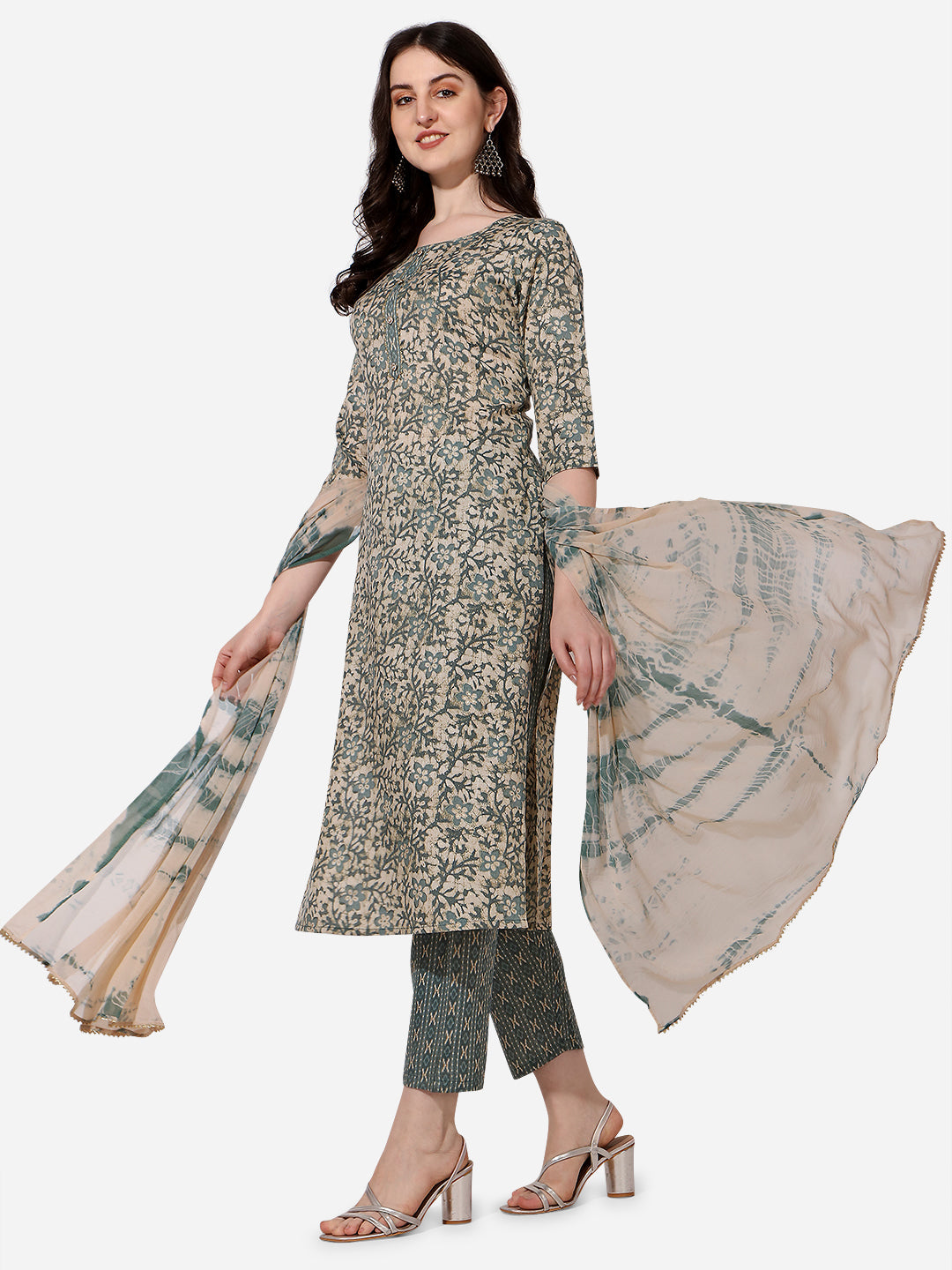 Floral Printed Kurta With Pant And Dupatta Set, Multicolor - Hiral Fashion | Grocsy