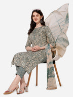 Floral Printed Kurta With Pant And Dupatta Set, Multicolor - Hiral Fashion | Grocsy