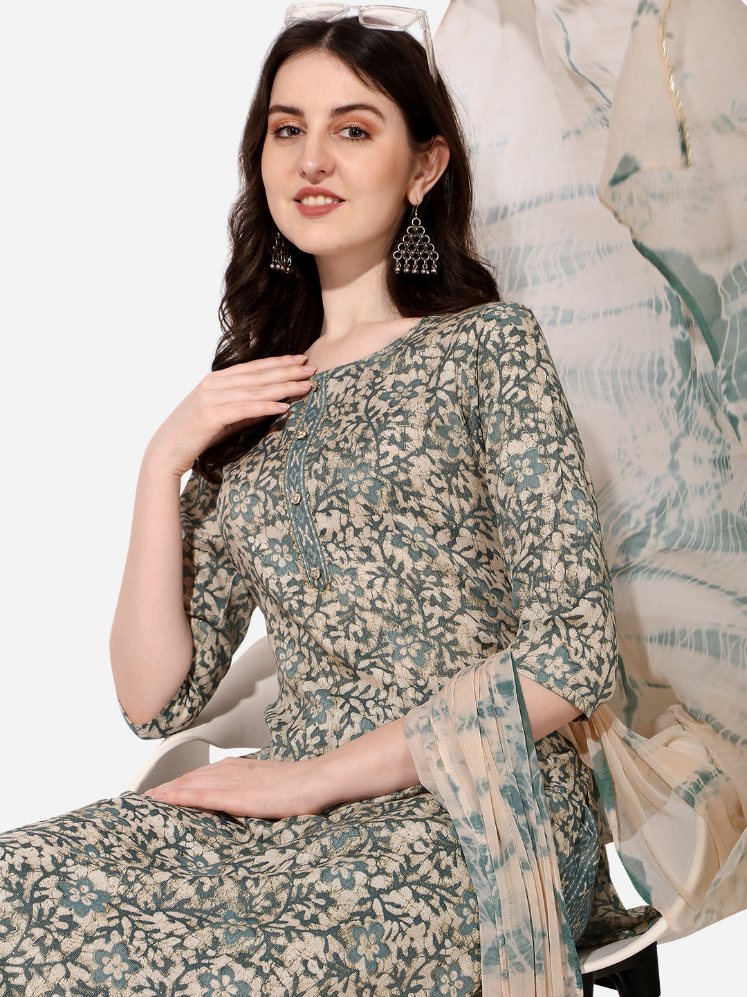 Floral Printed Kurta With Pant And Dupatta Set, Multicolor - Hiral Fashion | Grocsy