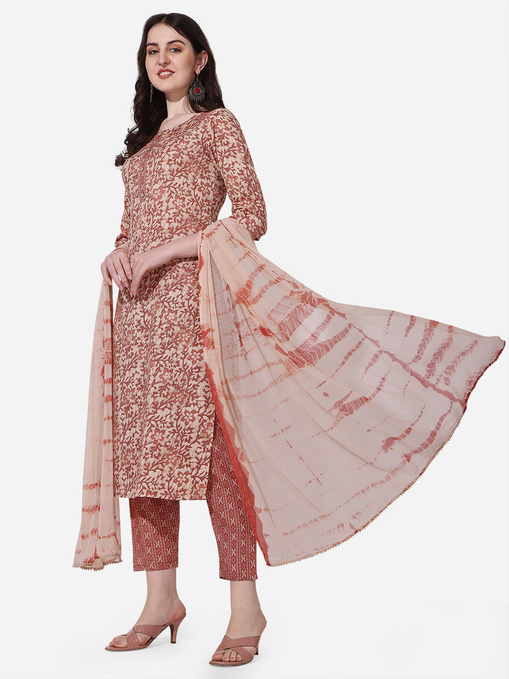 Floral Printed Rust Kurta With Pant And Dupatta Set, Multicolor - Hiral Fashion | Grocsy