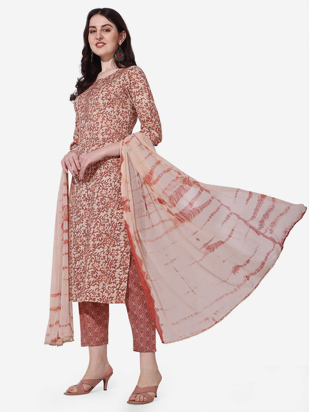 Floral Printed Rust Kurta With Pant And Dupatta Set, Multicolor - Hiral Fashion | Grocsy