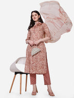 Floral Printed Rust Kurta With Pant And Dupatta Set, Multicolor - Hiral Fashion | Grocsy