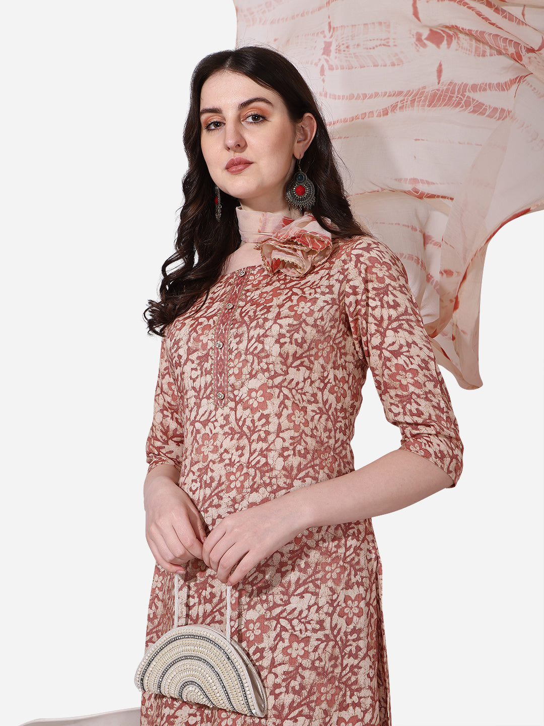Floral Printed Rust Kurta With Pant And Dupatta Set, Multicolor - Hiral Fashion | Grocsy