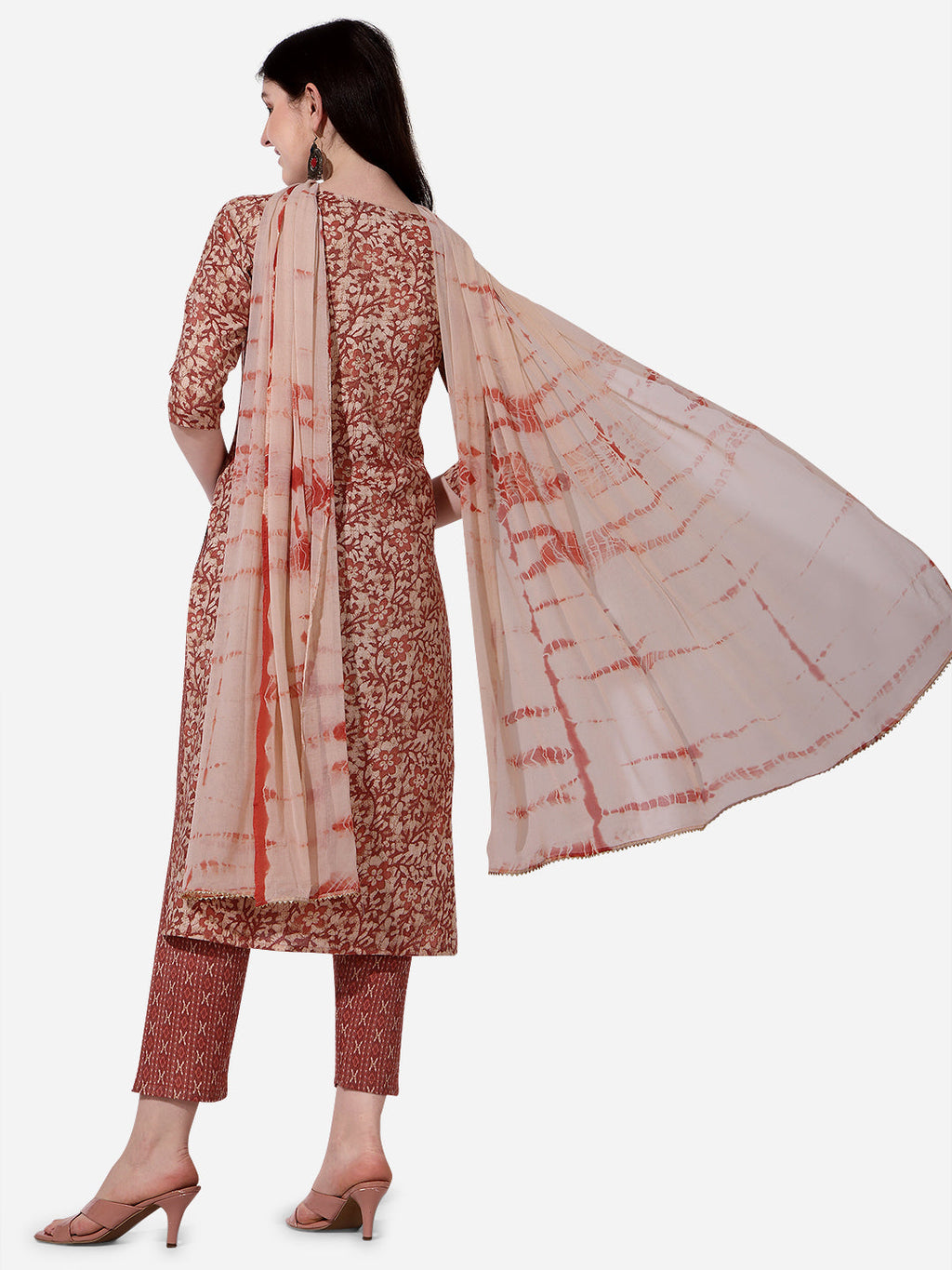 Floral Printed Rust Kurta With Pant And Dupatta Set, Multicolor - Hiral Fashion | Grocsy
