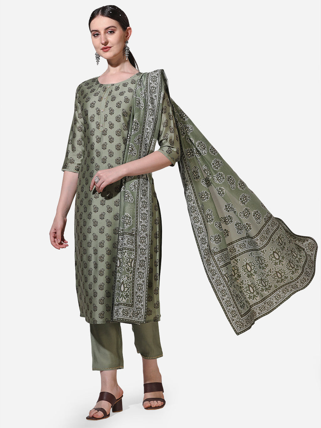 Floral Printed Kurta With Pant And Dupatta Set, Multicolor - Hiral Fashion | Grocsy