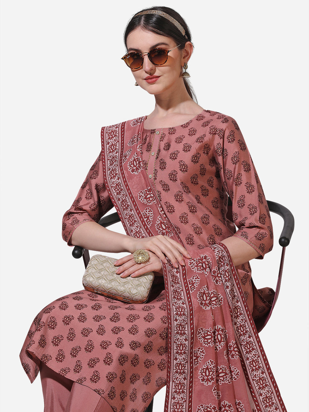 Floral Printed Rust Kurta With Pant And Dupatta Set, Multicolor - Hiral Fashion | Grocsy