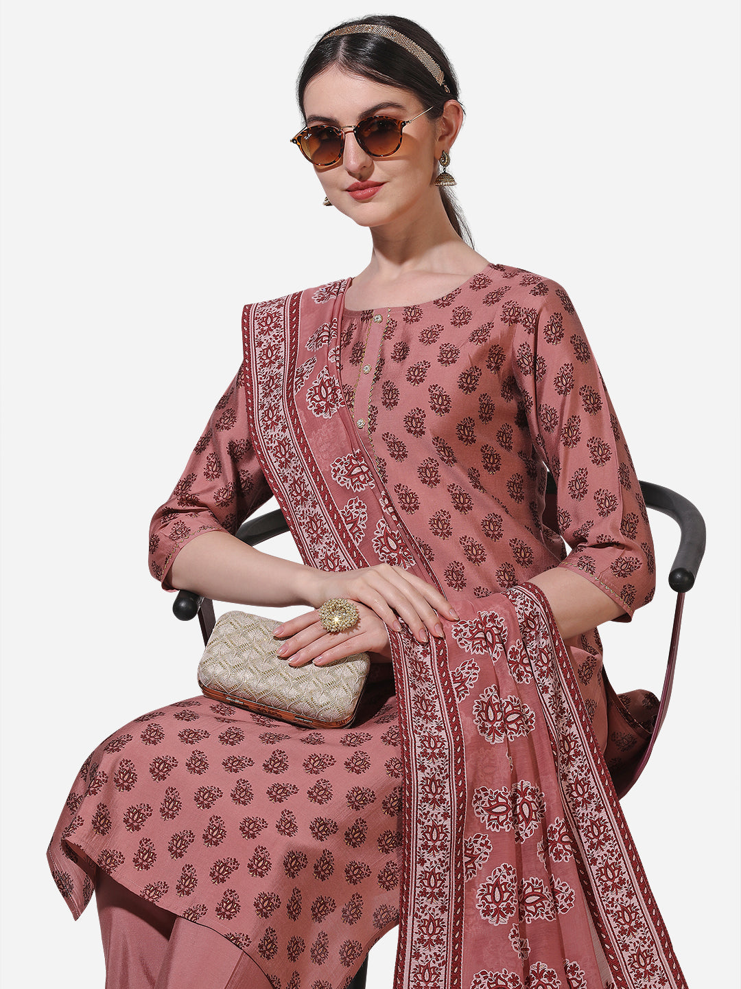 Floral Printed Rust Kurta With Pant And Dupatta Set, Multicolor - Hiral Fashion | Grocsy
