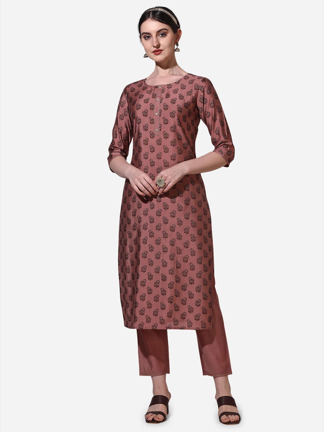 Floral Printed Rust Kurta With Pant And Dupatta Set, Multicolor - Hiral Fashion | Grocsy