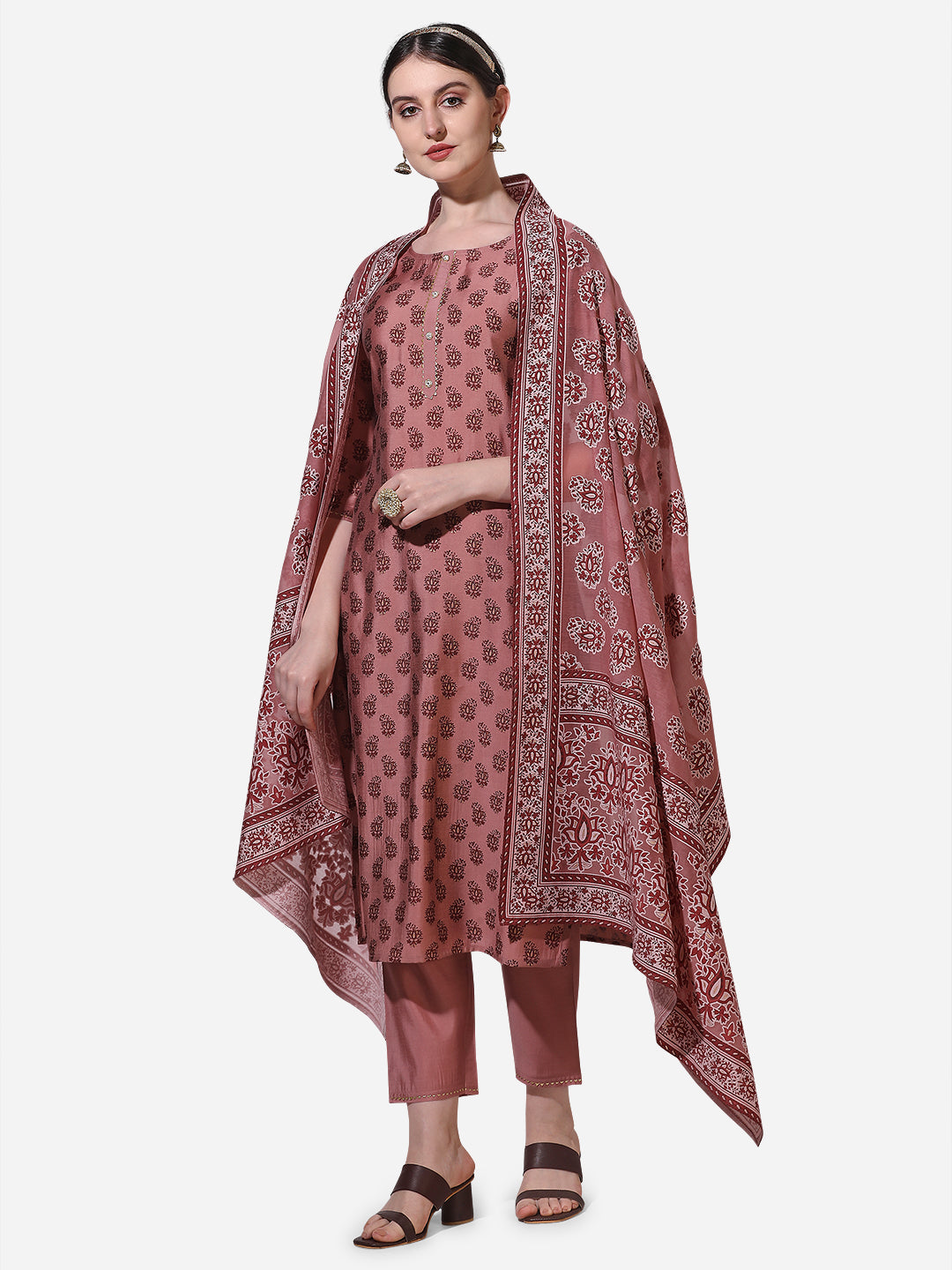 Floral Printed Rust Kurta With Pant And Dupatta Set, Multicolor - Hiral Fashion | Grocsy