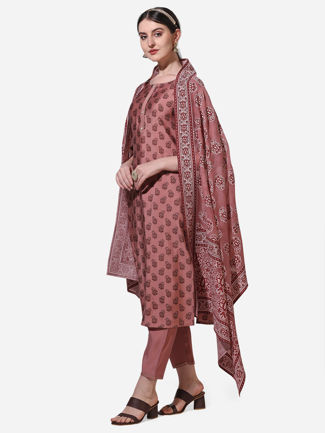 Floral Printed Rust Kurta With Pant And Dupatta Set, Multicolor - Hiral Fashion | Grocsy