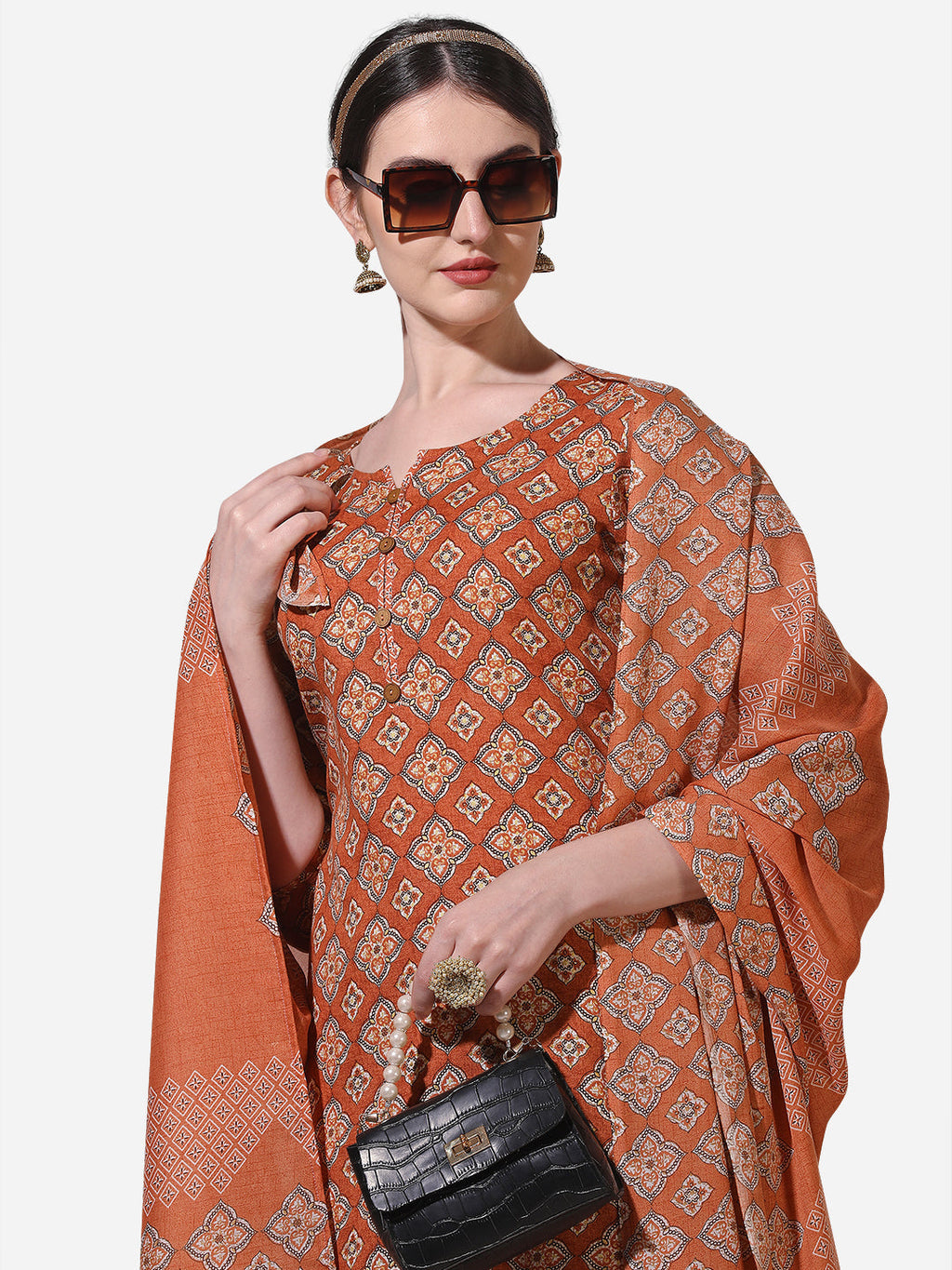 Floral Printed Rust Kurta With Pant And Dupatta Set, Multicolor - Hiral Fashion | Grocsy