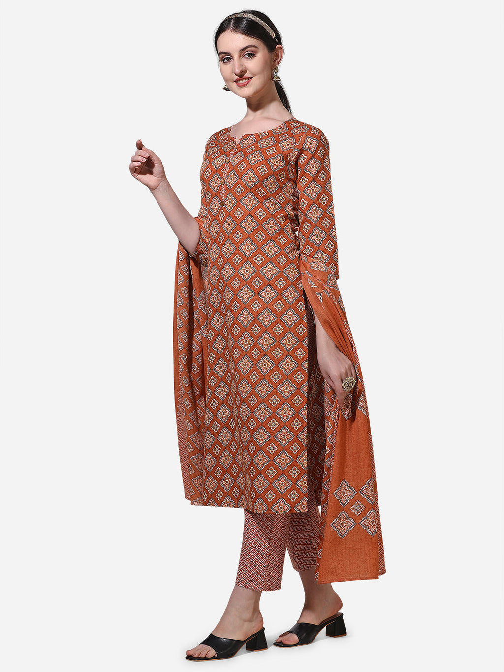 Floral Printed Rust Kurta With Pant And Dupatta Set, Multicolor - Hiral Fashion | Grocsy