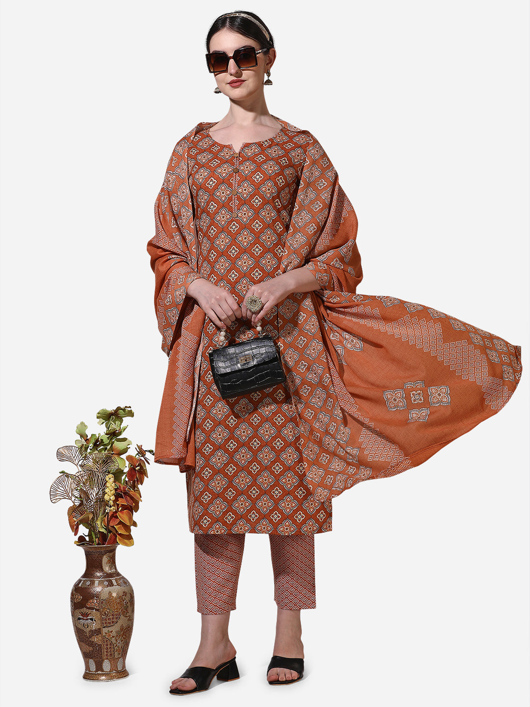 Floral Printed Rust Kurta With Pant And Dupatta Set, Multicolor - Hiral Fashion | Grocsy