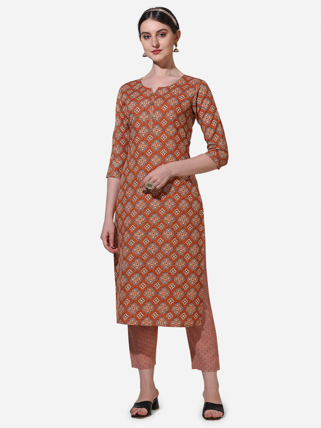 Floral Printed Rust Kurta With Pant And Dupatta Set, Multicolor - Hiral Fashion | Grocsy