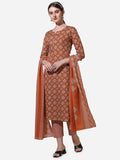 Floral Printed Rust Kurta With Pant And Dupatta Set, Multicolor - Hiral Fashion | Grocsy