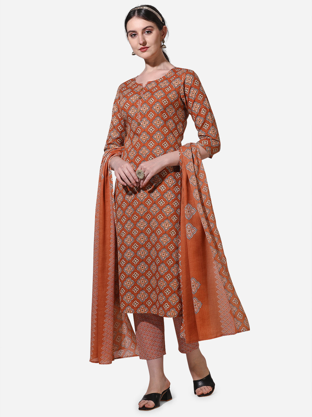 Floral Printed Rust Kurta With Pant And Dupatta Set, Multicolor - Hiral Fashion | Grocsy
