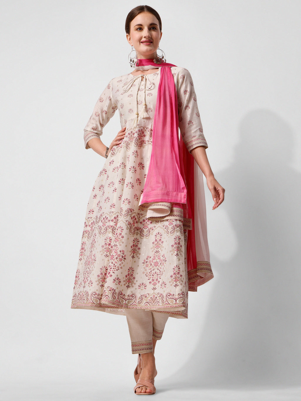 Anarkali Printed Kurta Suit With Pant And Dupatta Set, Multicolor - Hiral Fashion | Grocsy
