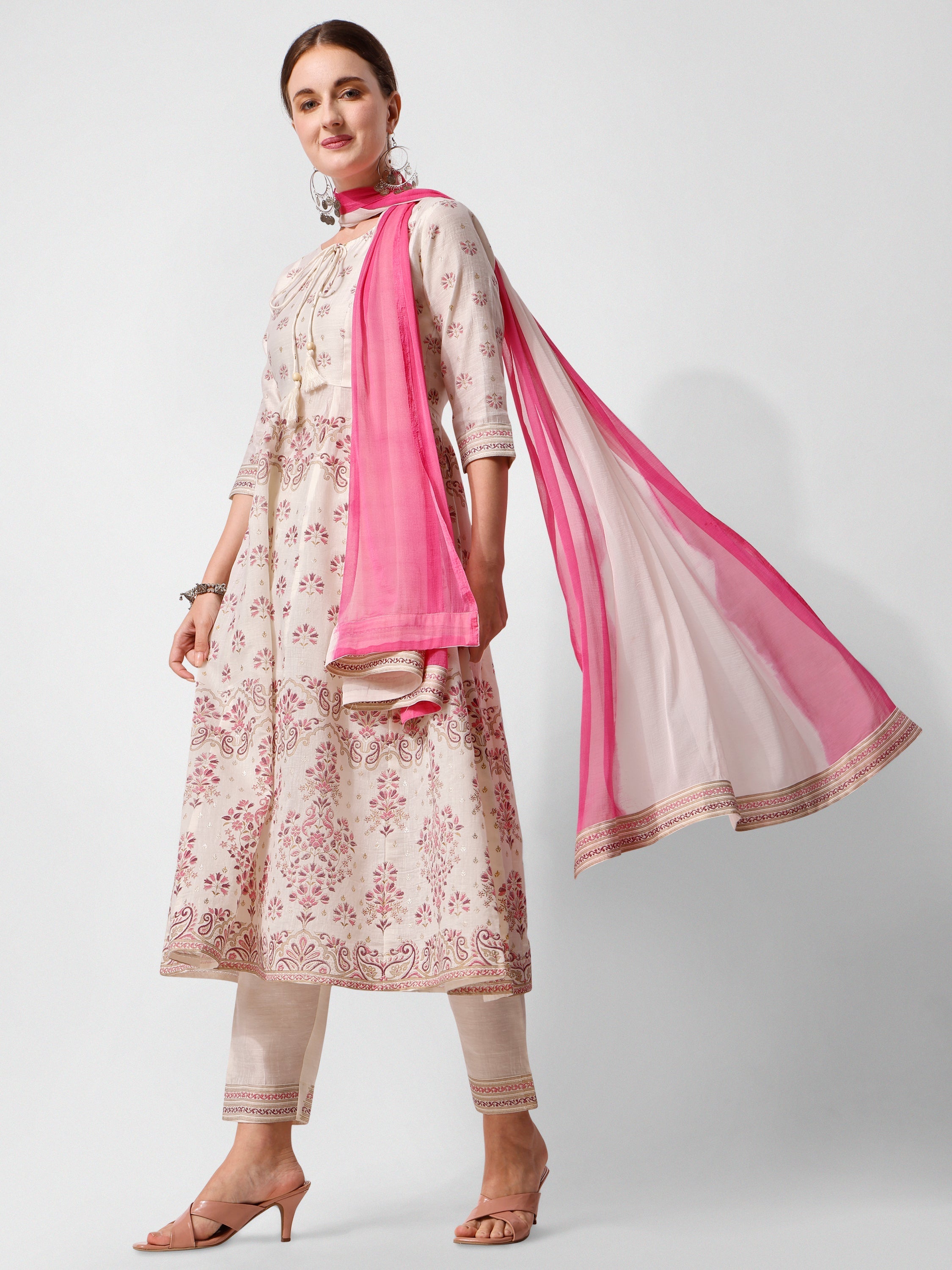 Anarkali Printed Kurta Suit With Pant And Dupatta Set, Multicolor - Hiral Fashion | Grocsy