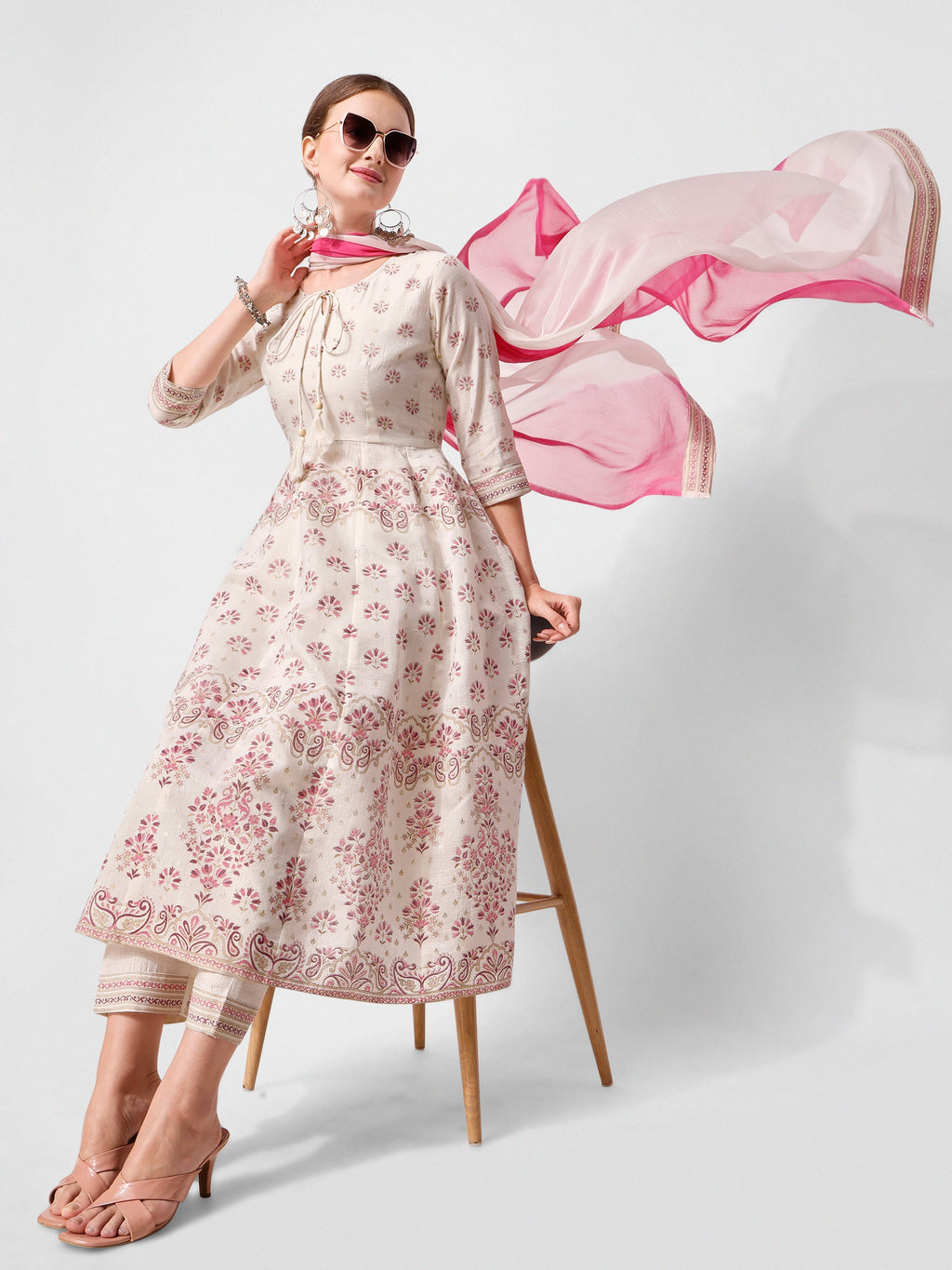 Anarkali Printed Kurta Suit With Pant And Dupatta Set, Multicolor - Hiral Fashion | Grocsy