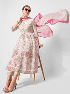 Anarkali Printed Kurta Suit With Pant And Dupatta Set, Multicolor - Hiral Fashion | Grocsy