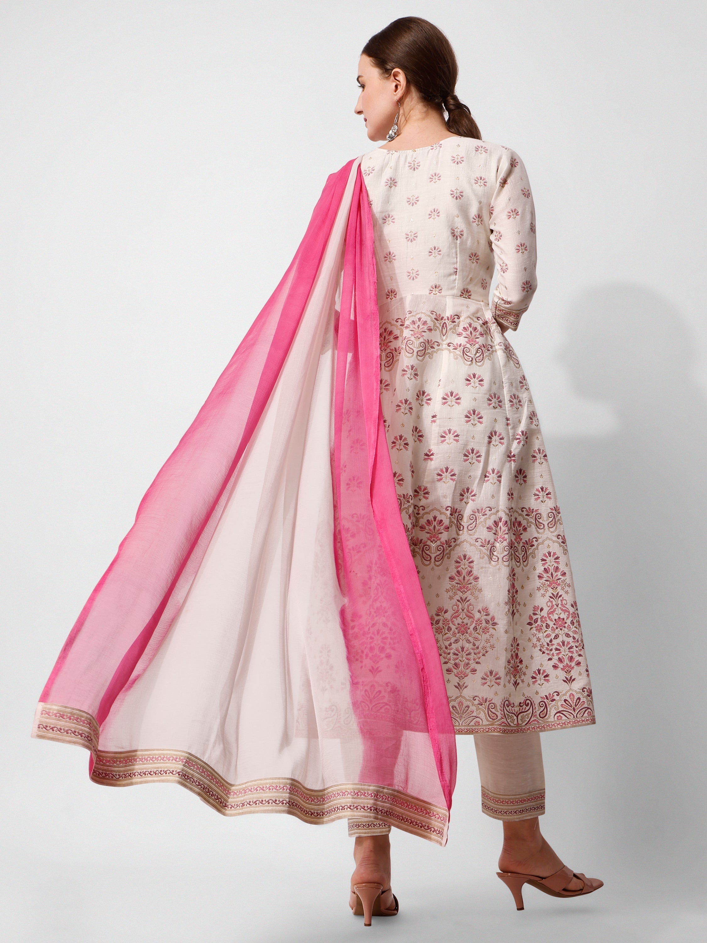 Anarkali Printed Kurta Suit With Pant And Dupatta Set, Multicolor - Hiral Fashion | Grocsy