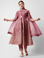 Anarkali Printed Kurta Suit With Pant And Dupatta Set, Multicolor - Hiral Fashion | Grocsy