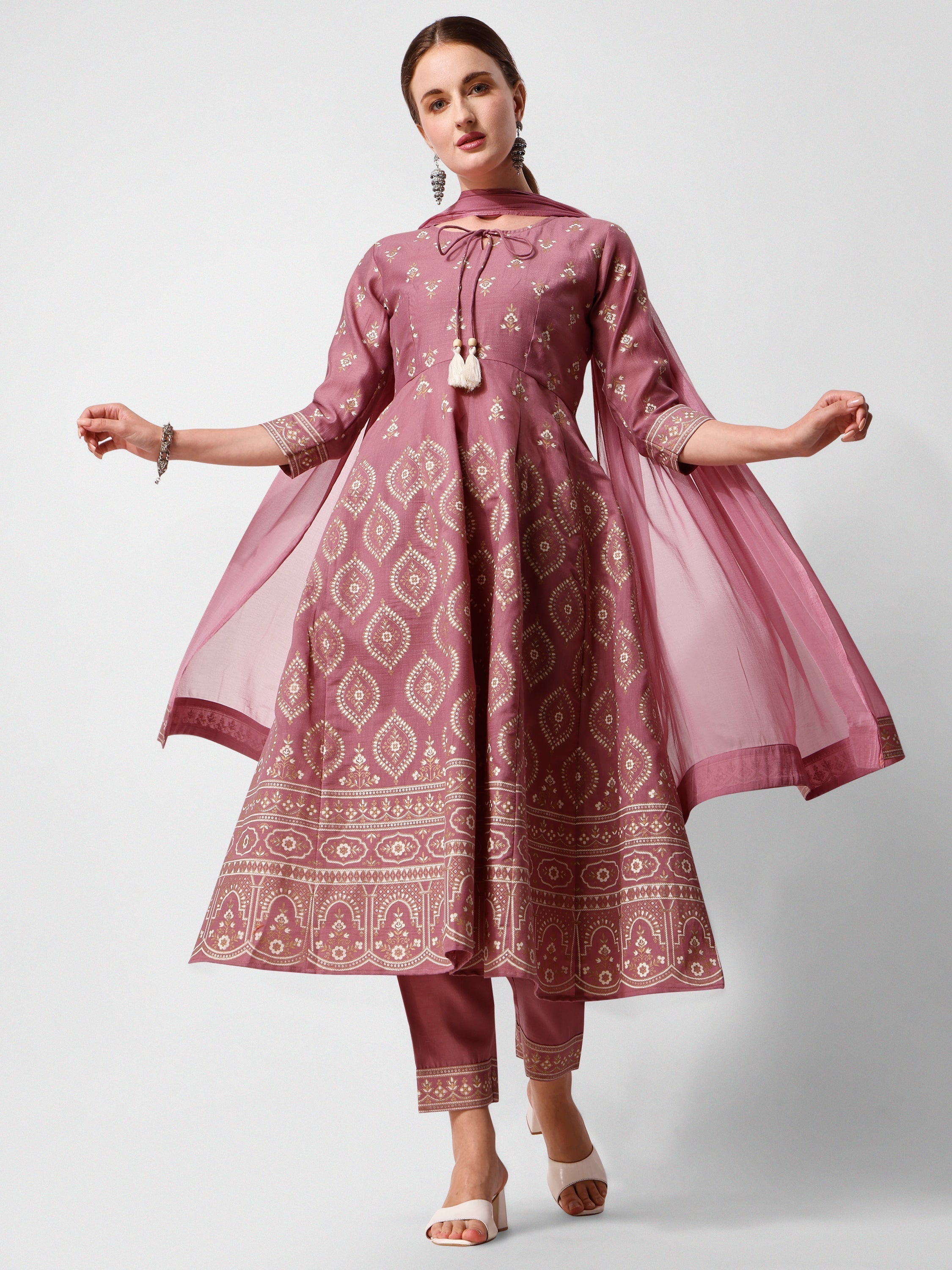 Anarkali Printed Kurta Suit With Pant And Dupatta Set, Multicolor - Hiral Fashion | Grocsy