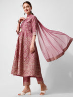 Anarkali Printed Kurta Suit With Pant And Dupatta Set, Multicolor - Hiral Fashion | Grocsy