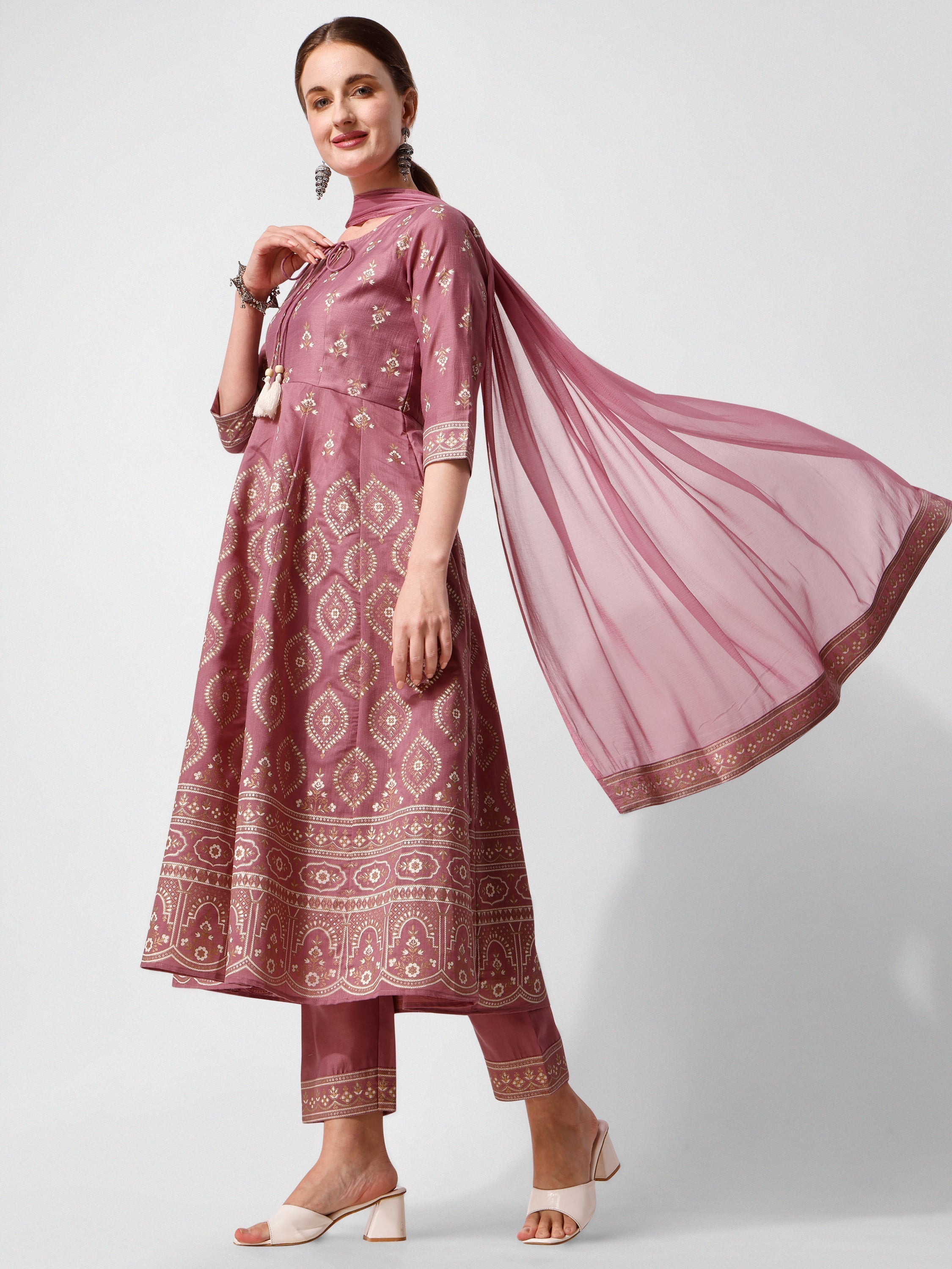 Anarkali Printed Kurta Suit With Pant And Dupatta Set, Multicolor - Hiral Fashion | Grocsy