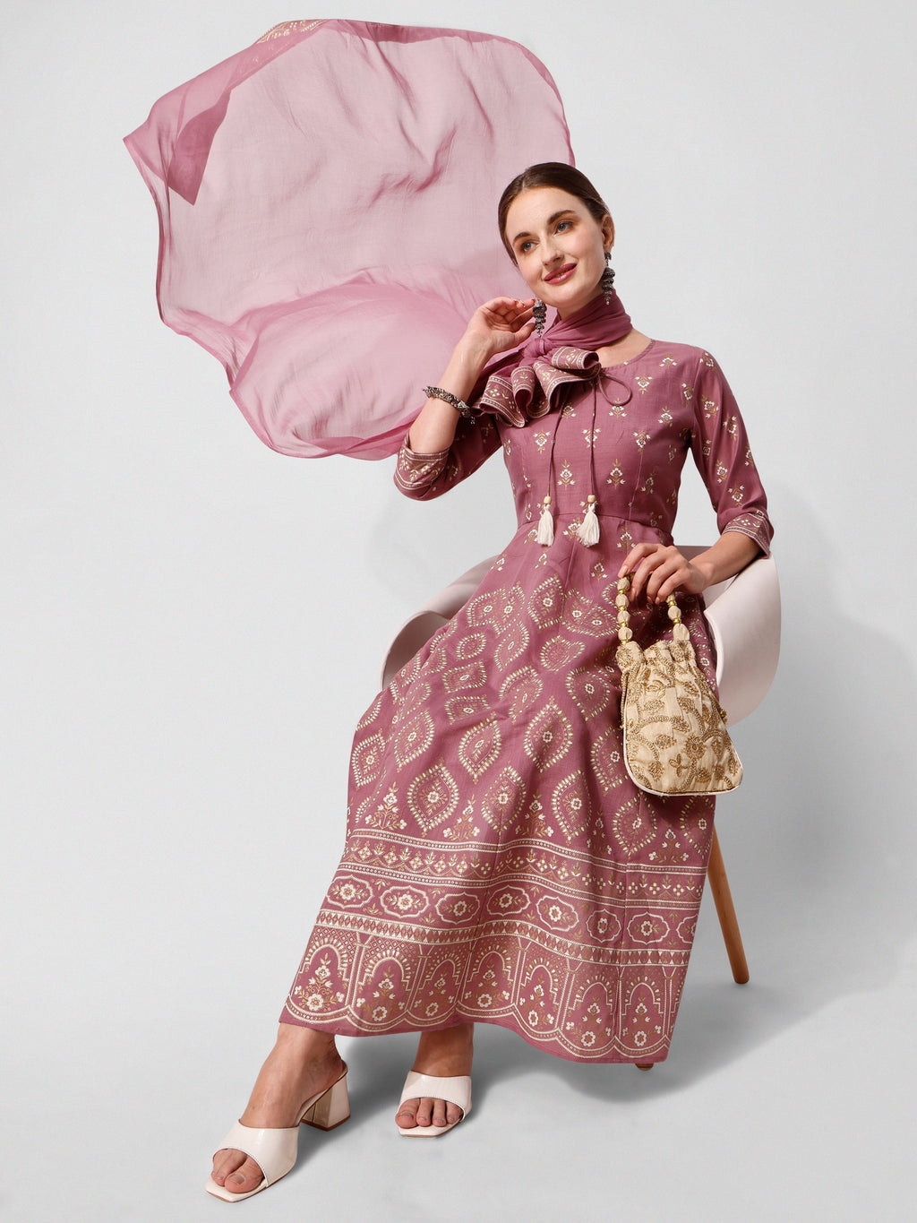 Anarkali Printed Kurta Suit With Pant And Dupatta Set, Multicolor - Hiral Fashion | Grocsy