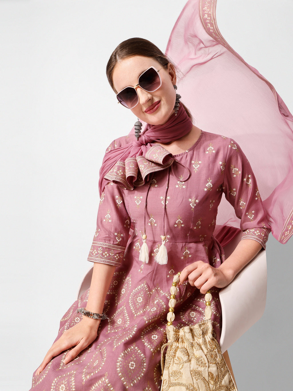Anarkali Printed Kurta Suit With Pant And Dupatta Set, Multicolor - Hiral Fashion | Grocsy